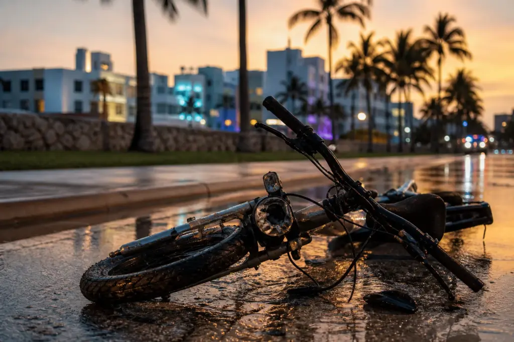 Photorealistic close-up of a single fallen electric bicycle on wet Miami street pavement at golden hour: scuffed tire and broken headlight, droplets o...