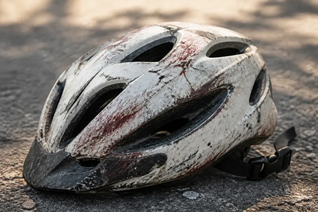 Photorealistic close-up of a single scarred bicycle helmet resting on sunlit Florida asphalt, visible scuffs, scraped paint and embedded grit, shallow...