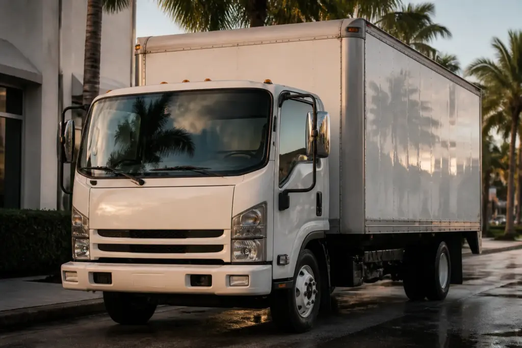Photorealistic close-up of a white commercial box truck parked on a sunlit Miami street, single vehicle centered, subtle palm tree reflections on glos...