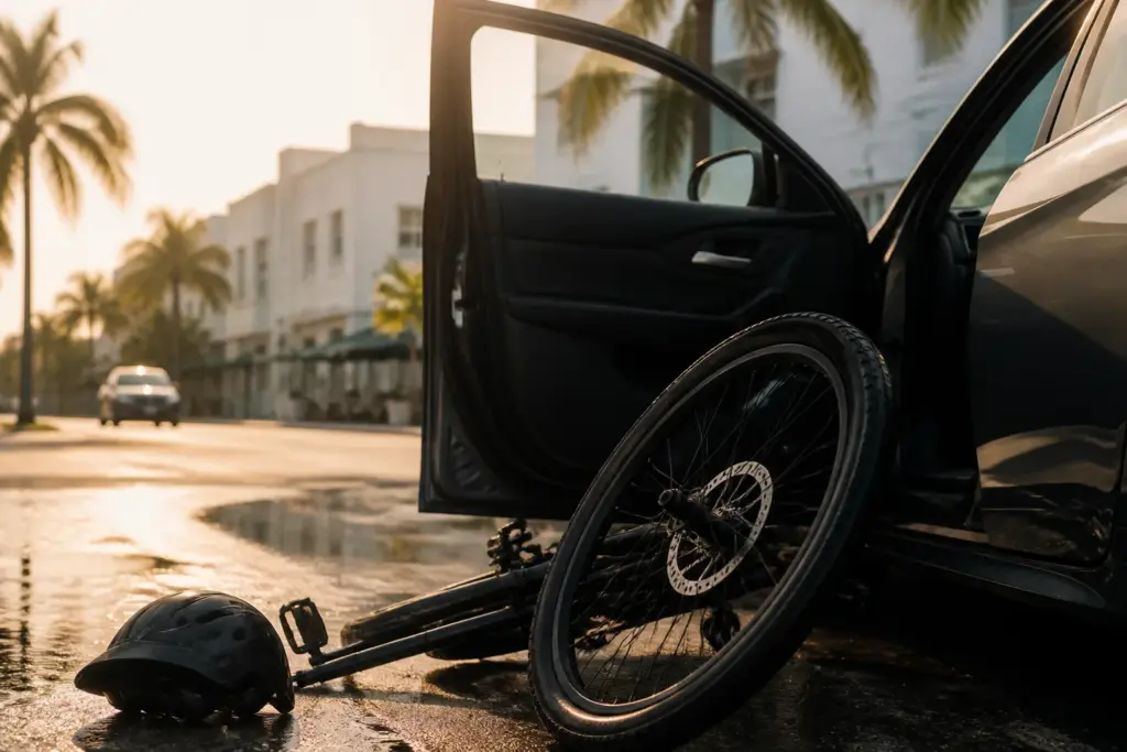 Photorealistic editorial image: a partially open car door at street level with a fallen bicycle wheel leaning against the door, wet pavement, soft Mia...