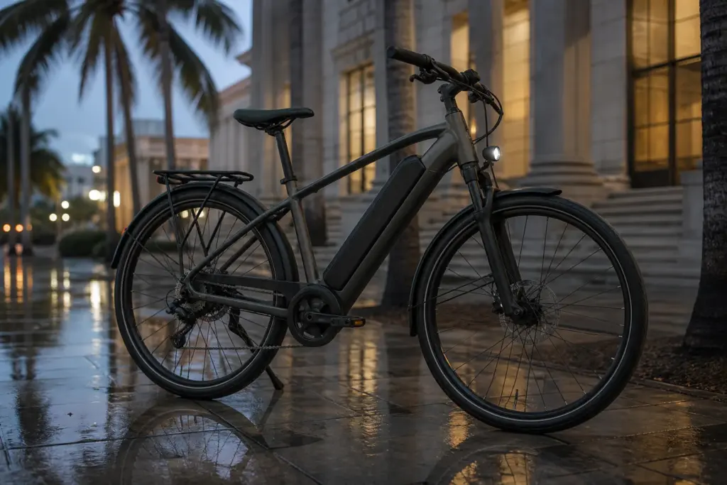 Photorealistic electric bicycle as sole subject, parked on a Miami sidewalk at dusk with palm shadows on wet pavement, courthouse architecture softly...