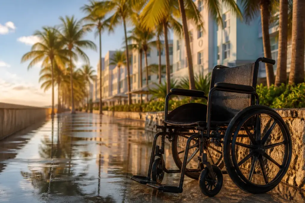 Photorealistic image of a single empty wheelchair on a sunlit Miami boardwalk at golden hour, soft palm tree shadows and pastel Art Deco buildings blu...