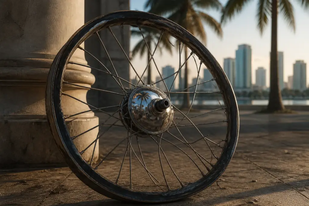 Photorealistic single object: a damaged bicycle wheel, bent spokes and scuffed rim, resting upright as evidence, warm late-afternoon Miami light, subt...