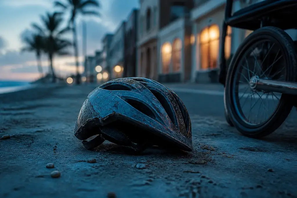 Single object: a battered bicycle helmet resting on a sandy sidewalk near a small wheelchair wheel, subtle Miami coastal background hint of palm shado...